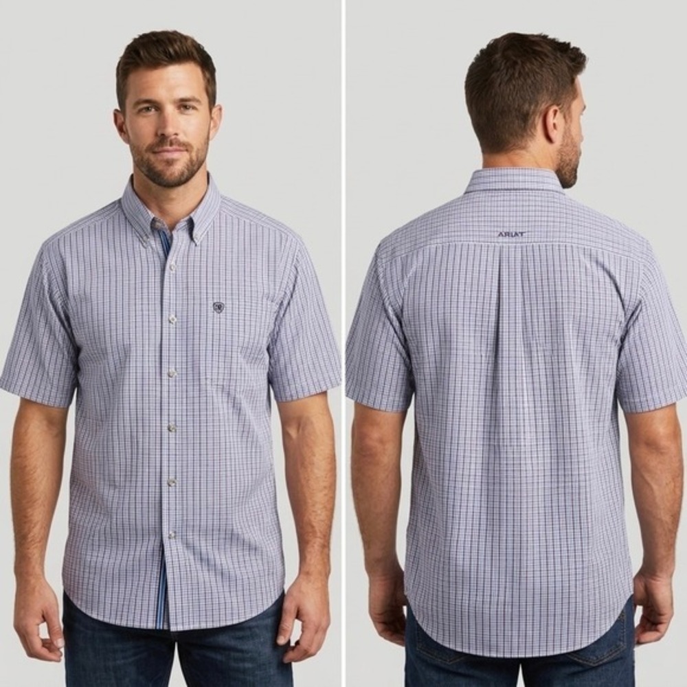Ariat Pro Series Mens Short Sleeve Micro Check Button Down Shirt Blue Purple XL